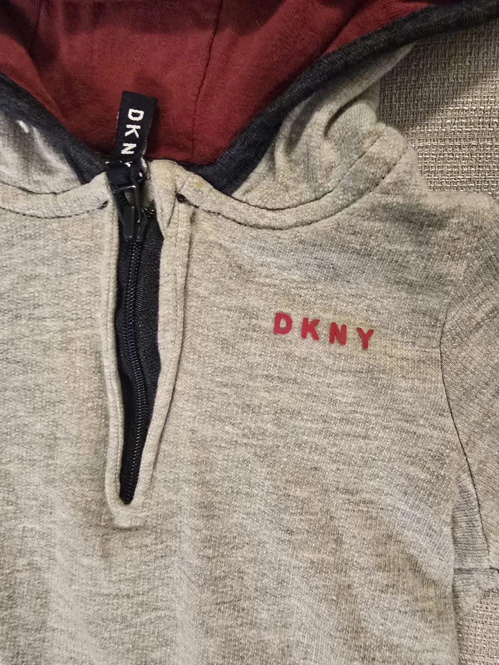 DKNY Baby Hooded Quarter Zip Romper Gray Red 6-9M Cotton One Piece